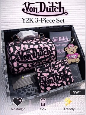 Von Dutch Y2K Pink Camo Mini Bag Wallet Charm Set Rose Gold NWT